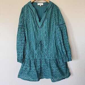 next Dress UK 12 US 8 Green Eyelet Blue Long Sleeves V Neck Toe Waist